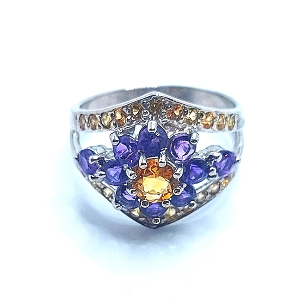 Natural Citrine 5mm, Amethyst, Sapphire 925 Sterling Silver Ring Size 7.5 - Picture 3 of 11